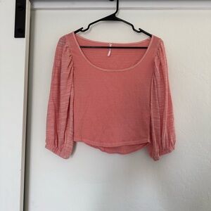 Free People Day Lily Puff Sleeve Blouse Coral Pink Boho Indie Top Textured Smock